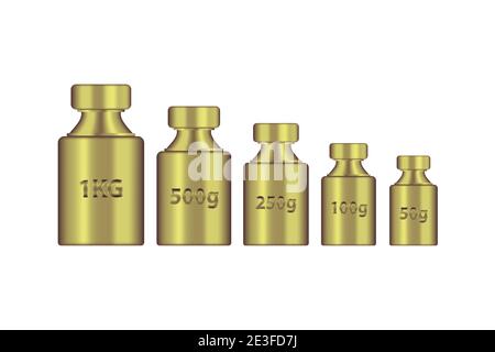 Kg peso massa oro metallo realistico insieme vettoriale. Vecchia collezione di presse dal design realistico. Cromatura dorata plummet isolato su sfondo bianco. Peso Illustrazione Vettoriale