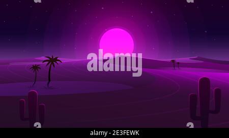 Copertura al neon del deserto con oasi e palme. Natura sfondo. Illustrazione vettoriale Illustrazione Vettoriale