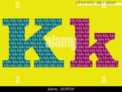 K (Kilo) 3D illustrazione alfabeto fonetico disegno per decorazione con colore luminoso Foto Stock