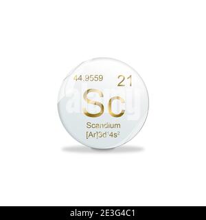 Illustrazione 3D, simbolo dello scandio - SC. Elemento del tavolo periodico su pallina bianca con segni dorati. Sfondo bianco Foto Stock