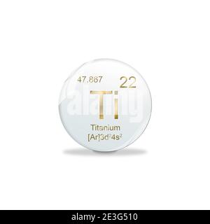 Illustrazione 3D, simbolo in titanio - ti. Elemento del tavolo periodico su pallina bianca con segni dorati. Sfondo bianco Foto Stock