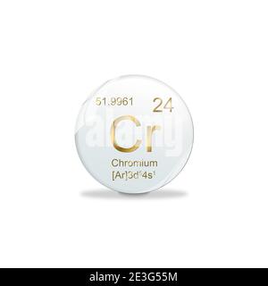 Illustrazione 3D, simbolo di cromo - Cr Elemento del tavolo periodico su pallina bianca con segni dorati. Sfondo bianco Foto Stock