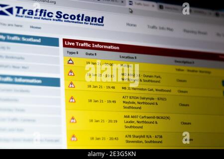 Traffico Scozia incidente pagina sul loro sito web Foto Stock