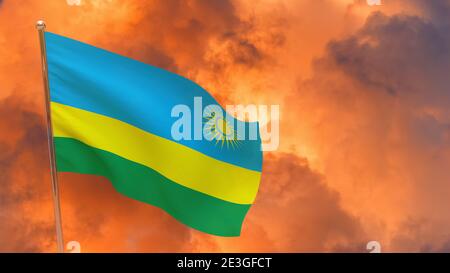 Bandiera del Ruanda in pole. Sfondo drammatico. Bandiera nazionale del Ruanda Foto Stock