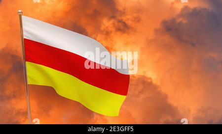 Bandiera dell'ossezia del Sud in pole. Sfondo drammatico. Bandiera nazionale dell'ossezia del Sud Foto Stock