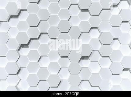 Forma a nido d'ape esagonale bianca che si sposta in alto in modo casuale. Concetto astratto di sfondo del design moderno. Vista dall'alto. Rendering di illustrazioni 3D Foto Stock