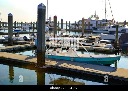 Vista da un ponte di banchine galleggianti in cemento che ospitano yacht, barche a vela e motoscafi presso l'Oasis Marina di Fernandina Harbour, Amelia Island, Florida Foto Stock