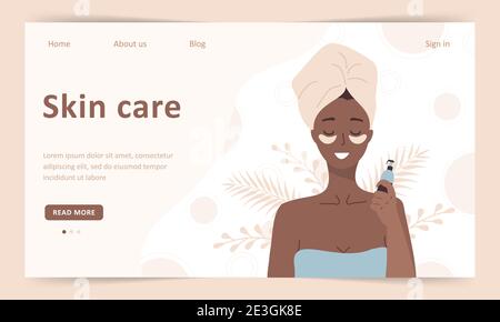 Concetto di cura della pelle. Modello pagina di destinazione. Donna africana fare trattamenti cosmetici spa per il viso. Routine mattutina. Macchie e crema per gli occhi. Prodotti biologici Illustrazione Vettoriale