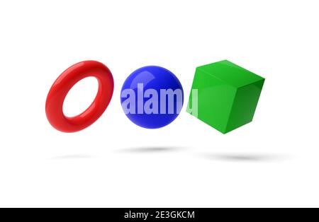 Primitive geometriche rosso, blu e verde, sfera, cubo e toro su sfondo bianco, concetto di modello minimale moderno, illustrazione 3D Foto Stock