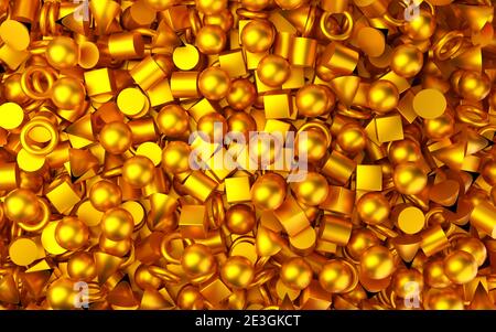Oro metallizzato lucido sfondo geometrico primitivo con cubi, coni, sfere e tori vista dall'alto piatto, illustrazione 3D Foto Stock