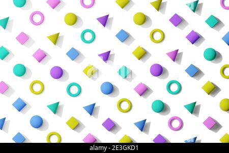 Motivo retrò colorato stile di memphis motivo piatto trama di fondo di posa da primitive geometriche, vista dall'alto piatta, illustrazione 3D Foto Stock