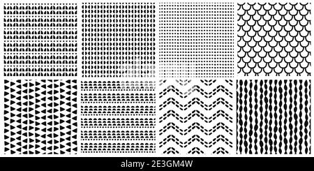Serie di motivi geometrici in bianco e nero, disegni senza giunture disegnati a mano. Illustrazioni vettoriali. Illustrazione Vettoriale