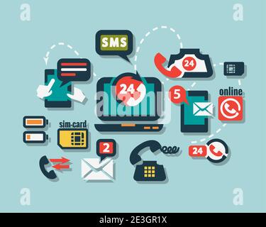 Icone del telefono impostate in stile design piatto. Illustrazione Vettoriale