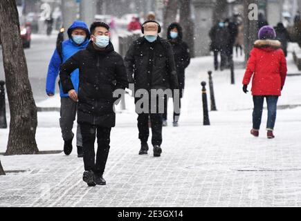 Pechino, Cina. 19 gennaio 2021. La gente cammina nella neve a Pechino, capitale della Cina, 19 gennaio 2021. Credit: Ren Chao/Xinhua/Alamy Live News Foto Stock