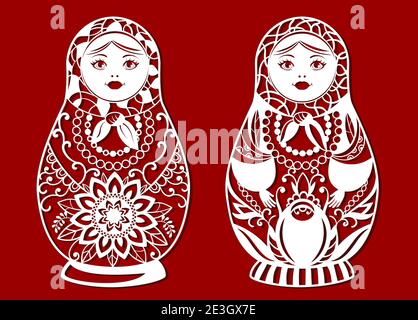 Matryoshka su sfondo rosso per il taglio laser. Simbolo popolare russo. Illustrazione vettoriale. Illustrazione Vettoriale