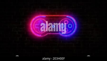 Simbolo del pad di gioco, eSport, controller video, gioco 5g e simbolo del neon cyber sport sulla parete di mattoni. Illustrazione astratta del rendering 3d. Foto Stock