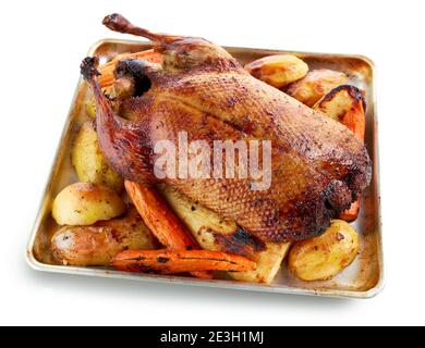 anatra appena tostata e verdure in teglia da forno isolato su sfondo bianco Foto Stock