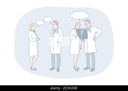 Sanità, medicina, medicina, comunicazione dei medici e concetto di discussione. Giovane donna e dottori in uniforme medica bianca in piedi e avere Illustrazione Vettoriale