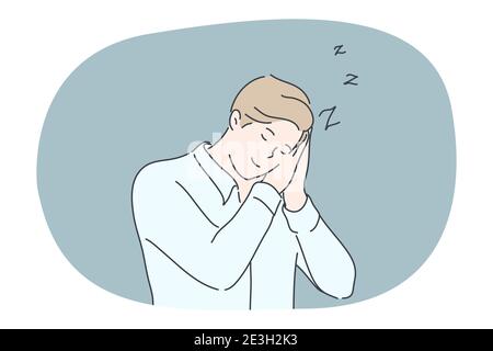 Business, sonno, fatica, sogno, concetto di insonnia. Stanco inutilizzato uomo d'affari clerk manager cartoon personaggio in piedi dormire sul posto di lavoro in sognare p Illustrazione Vettoriale