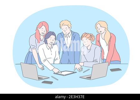 Collaborazione, brainstorming, business, partnership, team, concetto di discussione. Business People team partner colleghi cartoni animati personaggi discutere di lavoro Illustrazione Vettoriale