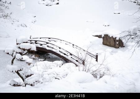 Meraviglioso paesaggio invernale bianco con alberi ricoperti di neve dopo una grande nevicata, giardino giapponese con ponte e lago ghiacciato Foto Stock