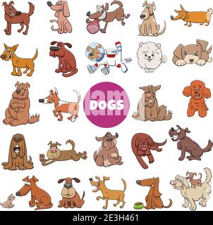 Illustrazione cartoon di cani e cuccioli animali da compagnia personaggi comici grande set Illustrazione Vettoriale