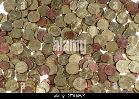 Monete, monete in euro, monete in cent, un cent, due cent, cinque cent, dieci cent, venti cent, cinquanta cent, monete in money, Foto Stock