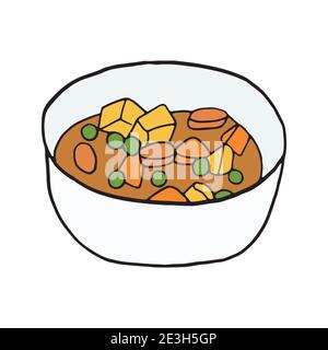 Vettore mano doodle eintopf. Piatto di cucina tedesca. Progettare un elemento di schizzo per menu cafè, ristorante, etichetta e imballaggio. Illustrazione colorata Illustrazione Vettoriale