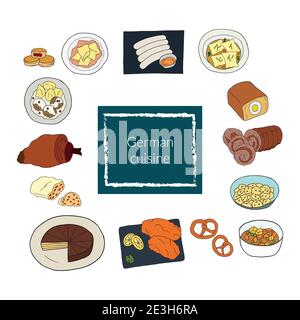 Set di doodle disegnati a mano vettoriali di cucina tedesca. Progettare elementi di schizzo per menu cafè, ristorante, etichetta e imballaggio. Illustrazione colorata Illustrazione Vettoriale