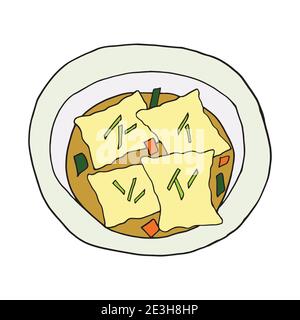 Vettore Doodle disegnata a mano maultaschen. Piatto di cucina tedesca. Progettare un elemento di schizzo per menu cafè, ristorante, etichetta e imballaggio. Illustrazione colorata Illustrazione Vettoriale