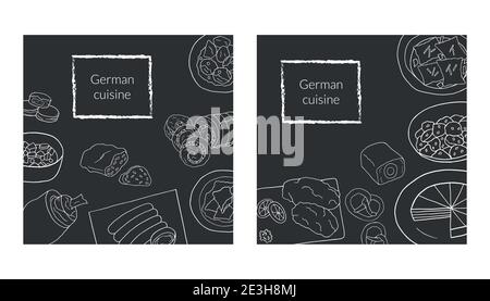 Set di poster disegnati a mano con piatto di cucina tedesca. Design elemento di schizzo per menu cafè, bistrot, ristorante, panetteria e confezionamento. Illustrazione vettoriale. Illustrazione Vettoriale