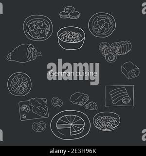 Set di doodle disegnati a mano vettoriali di cucina tedesca. Progettare elementi di schizzo per menu cafè, ristorante, etichetta e imballaggio. Illustrazione Illustrazione Vettoriale