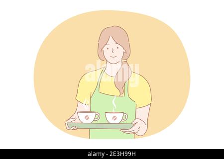 Caffetteria, servizio, concetto di pubblicità. Giovane donna sorridente cameriera barista ragazza in grembiule con due tazze di tè con bevande calde. Coffeeho Illustrazione Vettoriale