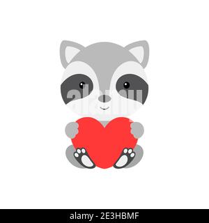 Simpatico e divertente raccoon con cuore su sfondo bianco. Personaggio animale cartoon per le congratulazioni con San Valentino, biglietto di auguri, invito Illustrazione Vettoriale