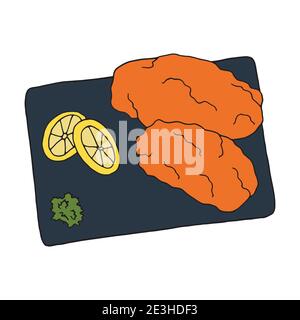Vettore mano doodle schnitzel disegnato. Piatto di cucina tedesca. Progettare un elemento di schizzo per menu cafè, ristorante, etichetta e imballaggio. Illustrazione colorata Illustrazione Vettoriale