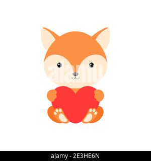 Carino divertente volpe con cuore su sfondo bianco. Personaggio animale cartoon per le congratulazioni con San Valentino, biglietto di auguri, invito Illustrazione Vettoriale