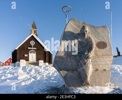 Chiesa di Zioni, un punto di riferimento di Ilulissat. Inverno a Ilulissat sulla riva della Baia di Disko. America, Nord America, Groenlandia, Danimarca Foto Stock