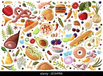 Cibo grande insieme. Verdure e carne , fastfood, pesce, frutta, dolci e frutta secca a mano di alimenti sani ingredienti doodles in vettore Illustrazione Vettoriale