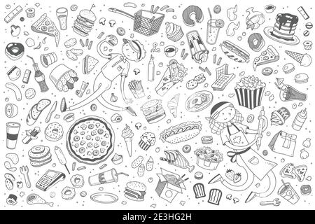 Mano disegnata fast food set doodle vettore illustrazione sfondo Illustrazione Vettoriale