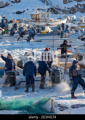 Le piccole imbarcazioni da pesca vengono liberate dal ghiaccio. Inverno nel porto ghiacciato della città Ilulissat sulla riva della baia di Disko. America, Nord America, Greenl Foto Stock