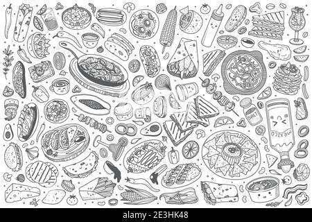 Manuale disegnato messicano cibo set doodle vettore illustrazione sfondo Illustrazione Vettoriale