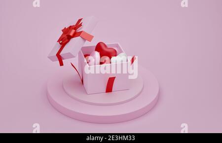 Cuori in scatola regalo sul podio di presentazione con sfondo rosa. IDE per la mamma, San Valentino, compleanno, rendering 3d. Foto Stock