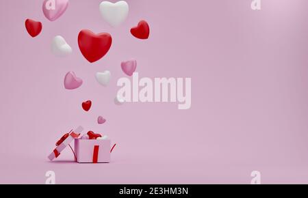 Apri la confezione regalo con il cuore del palloncino su sfondo rosa, idea per la mamma, San Valentino, compleanno, rendering 3d. Foto Stock