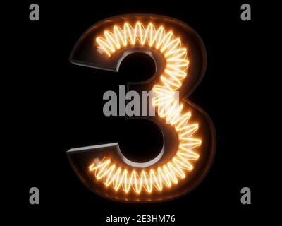 Lampadina spirale incandescente carattere alfabeto 3 tre caratteri. Vista frontale simbolo numero 1 illuminato su sfondo nero. illustrazione del rendering 3d Foto Stock
