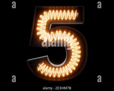 Lampadina spirale incandescente carattere alfabeto 5 cinque caratteri. Vista frontale simbolo numero 1 illuminato su sfondo nero. illustrazione del rendering 3d Foto Stock