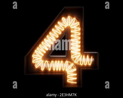 Lampadina spirale incandescente carattere alfabeto 4 quattro caratteri. Vista frontale simbolo numero 1 illuminato su sfondo nero. illustrazione del rendering 3d Foto Stock