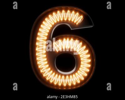 Lampadina spirale incandescente carattere alfabeto 6 sei caratteri. Vista frontale simbolo numero 6 illuminato su sfondo nero. illustrazione del rendering 3d Foto Stock