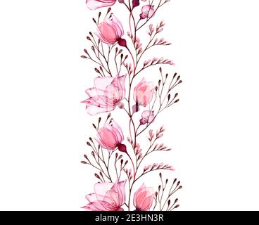 Bordo floreale acquerello. Ripetizione verticale senza giunture in ripetizione. Astratto e trasparente rose e rami. Illustrazione botanica disegnata a mano isolata per Foto Stock