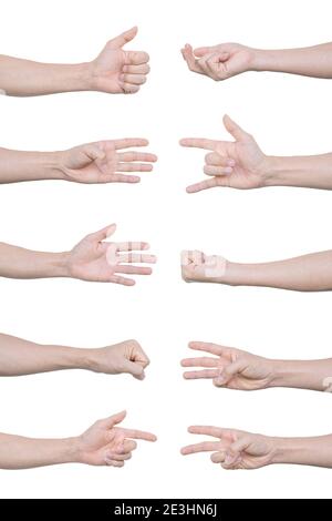 Set di mani uomo isolate su sfondo bianco con tracciato di ritaglio. Foto Stock