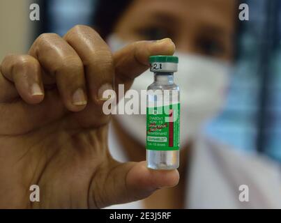 Kolkata, India. 19 gennaio 2021. Un operatore sanitario mostra il flaconcino vaccino Covid19 durante la vaccinazione Covid19 a Kolkata, il terzo giorno della prima fase della vaccinazione con il coronavirus; Gli operatori sanitari hanno vaccinato gli operatori sanitari di prima linea con il vaccino a corona Covisield sviluppato da Oxford- AstraZeneca PLC e prodotto dal Serum Institute of India presso il Centro sanitario Urbano primario di Kolkata. Sono stati segnalati circa 450 casi di reazioni avverse in tutta l'India dopo il 2° giorno della vaccinazione con Covid19. Credit: SOPA Images Limited/Alamy Live News Foto Stock